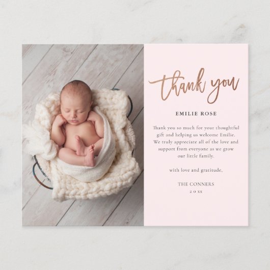 予算スクリプトベビー写真サンキューカード (正面)