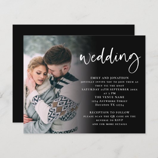 予算スクリプト写真QRコードホワイトブラック招待状 (正面/裏面)