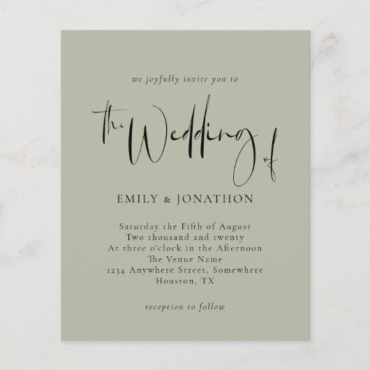 予算スクリプト淡い色のセージ緑結婚式招待状 (正面)