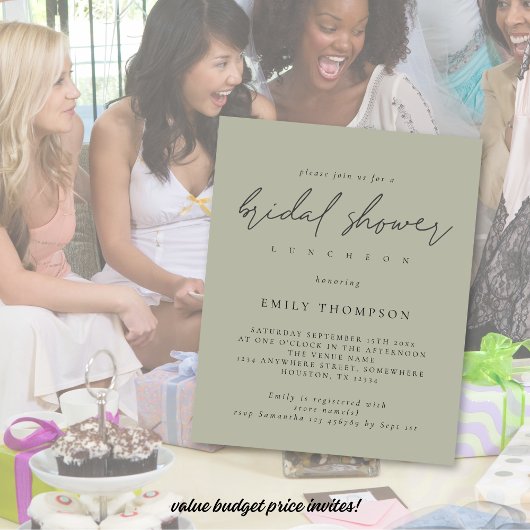 予算スクリプト淡い色のSage Bridalシャワーの招待