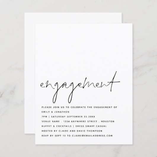 予算スクリプト白黒婚約パーティ招待状 (正面/裏面)