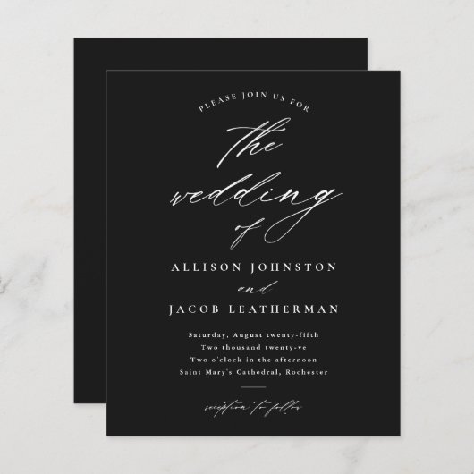 予算スクリプト白黒結婚式招待状 (正面/裏面)