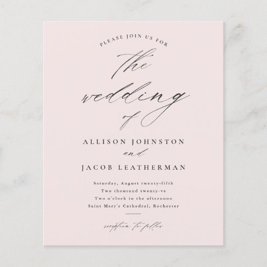 予算スクリプト赤面ピンク結婚式招待状 (正面)