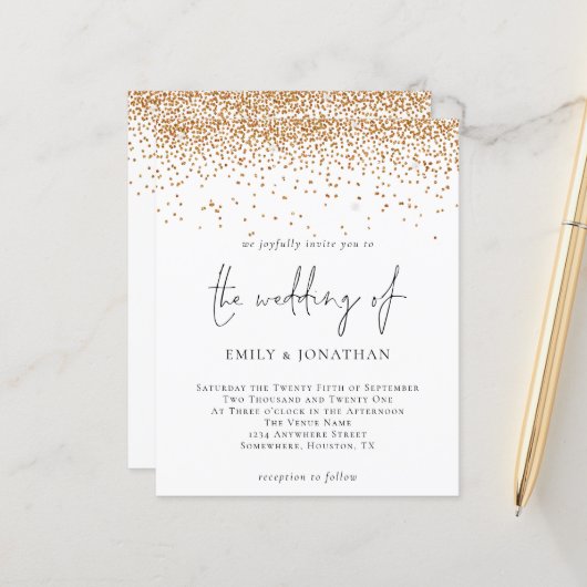 予算スクリプト金ゴールドグリッター結婚式招待状 (正面/裏面インサイチュ)