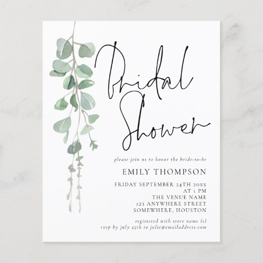 予算スクリプトEucalyptusブライダルシャワー招待 (正面)