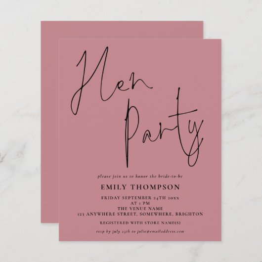 予算スクリプトHenパーティーほこりっぽいバラ招待状 (正面/裏面)