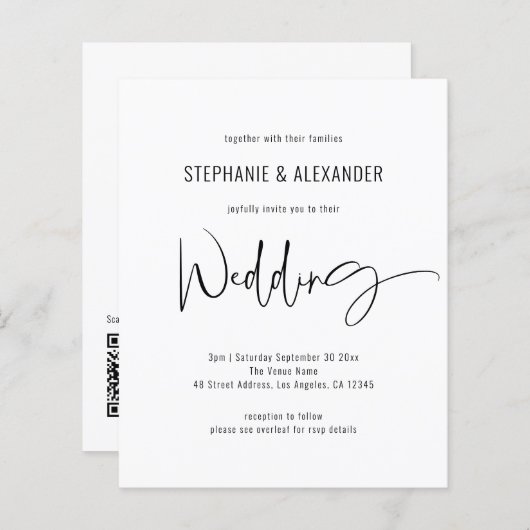 予算スクリプトQRコード白黒結婚式の招待 (正面/裏面)