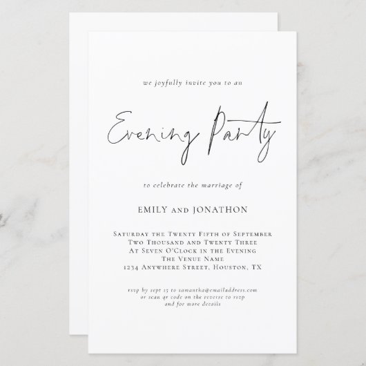 予算スクリプトQRコード結婚の夕べパーティー招待状 (正面/裏面)