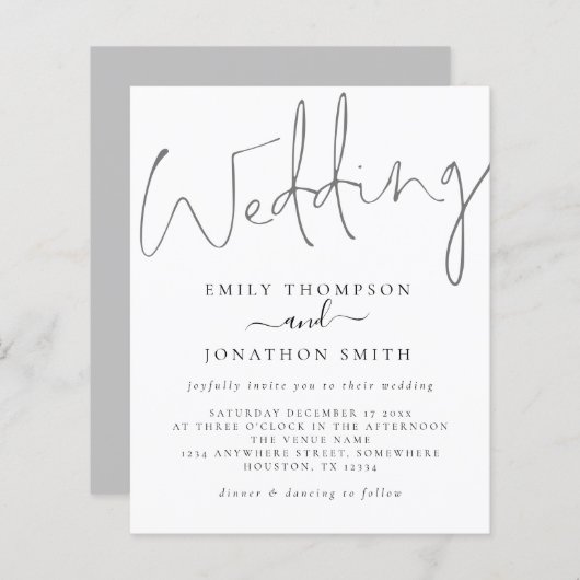 予算スクリプモダントのホワイトグレー結婚式招待状 (正面/裏面)