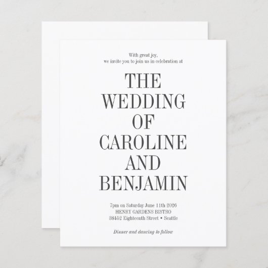 予算スタイリッシュトレンディークラシック結婚式招待状 (正面/裏面)
