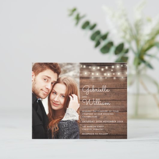 予算ストリングライト素朴フォトウェディング招待 (スタンド正面)