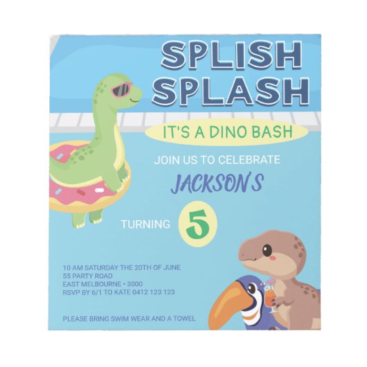 予算スプラッシュディノプールパーティー誕生日 ノートパッド (正面)