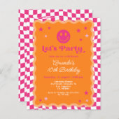 予算スマイル顔ピンクオレンジウェー誕生日招待状 (正面/裏面)