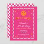 予算スマイル顔ピンクオレンジガール誕生日招待状 (正面/裏面)