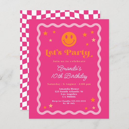 予算スマイル顔ピンクオレンジガール誕生日招待状 (正面/裏面)