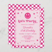 予算スマイル顔ホットピンクレトロ誕生日招待状 (正面/裏面)