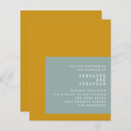 予算タイプライターマスタードセージ結婚式の招待 (正面/裏面)