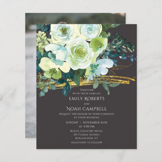 予算ターコイズグリーンフローラ金ゴールド結婚写真 (正面/裏面)