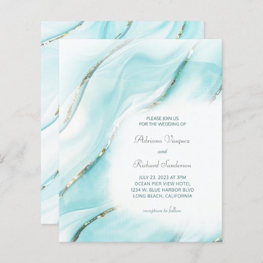 予算ターコイズ金ゴールド集計結婚式招待状 (正面/裏面)
