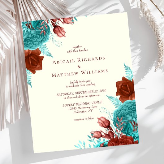 予算ターコイズ錆びアイボリーフローラ結婚式の招待