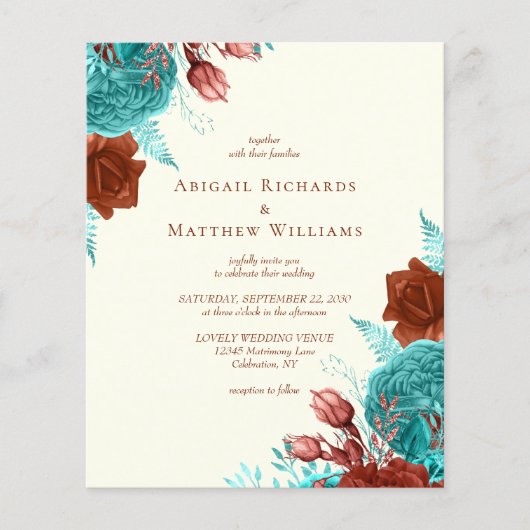 予算ターコイズ錆びアイボリーフローラ結婚式の招待 (正面)