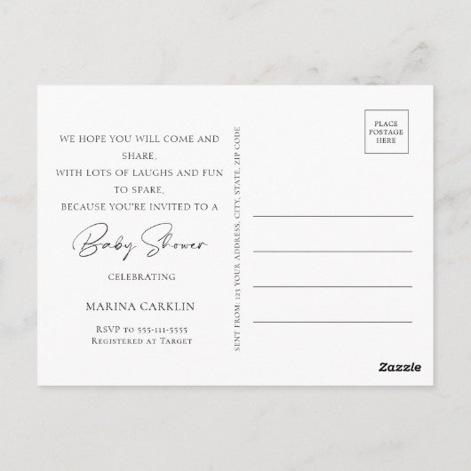 予算ダッフルとワイルドフラワーベビーシャワー ポストカード (裏面)