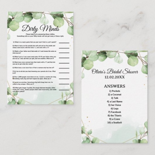 予算ダーティマインドブライダルシャワーゲームカード エンクロージャーカード (正面/裏面)