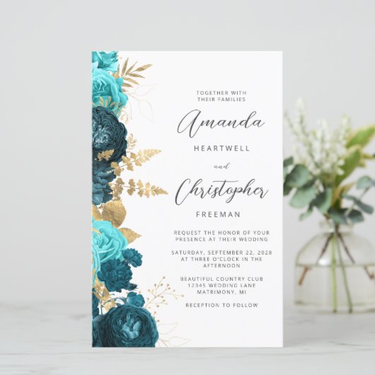 予算ティール(緑がかった色)アクア金ゴールドフローラQRコー結婚ド (スタンド正面)