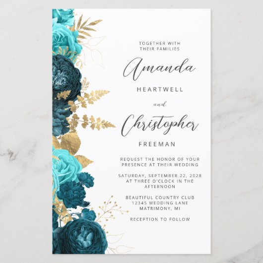 予算ティール(緑がかった色)アクア金ゴールドフローラQRコー結婚ド (正面)