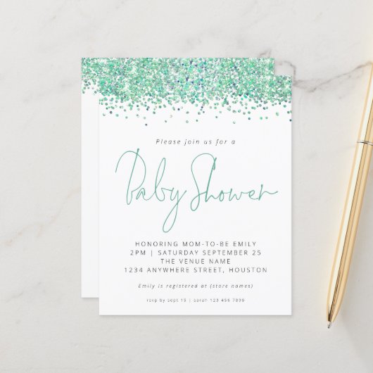 予算ティール（緑がかった色）グリッターベビーシャワー招待状 (正面/裏面インサイチュ)