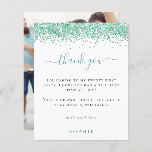 予算ティール(緑がかった色)グリッター写真21stパーティーありがとう (正面/裏面)