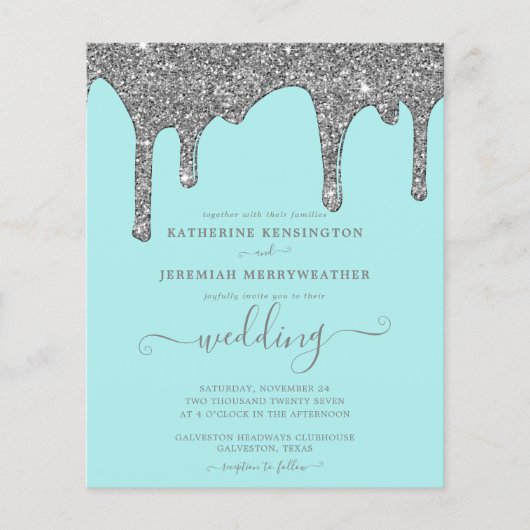 予算ティール（緑がかった色）シルバーグリッタードリップスウェディング招待 (正面)