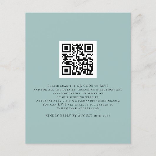 予算ティール（緑がかった色）シーミストQR花模様結婚式招待状 (裏面)