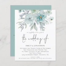 予算ティール（緑がかった色）シーミストQR花模様結婚式招待状