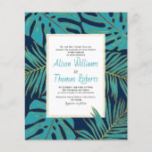 予算ティール（緑がかった色）ネイビーQRコード葉の結婚式招待状 (正面)