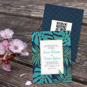 予算ティール（緑がかった色）ネイビーQRコード葉の結婚式招待状