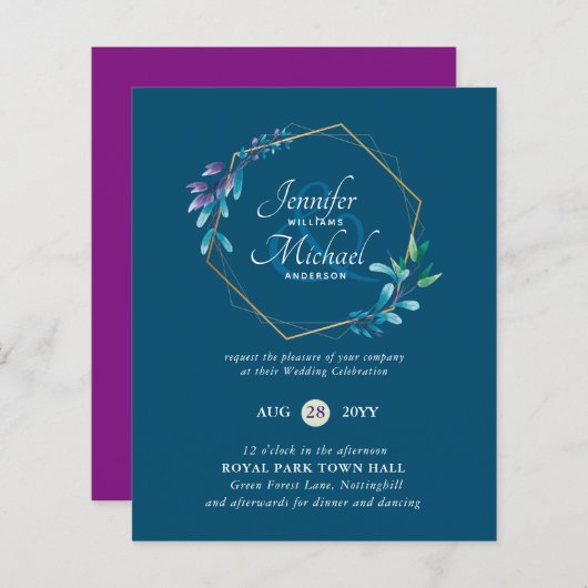 予算ティール（緑がかった色）パープル金ゴールドリース結婚式招待状 (正面/裏面)