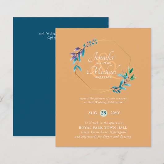 予算ティール（緑がかった色）パープル金ゴールドリース結婚式招待状 (正面/裏面)