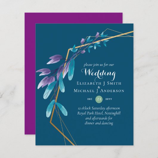 予算ティール（緑がかった色）パープル金ゴールドリース結婚式招待状 (正面/裏面)