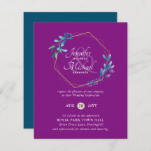 予算ティール（緑がかった色）パープル金ゴールドリース結婚式招待状