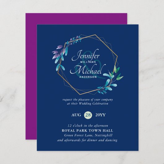 予算ティール（緑がかった色）パープル金ゴールドリース結婚式招待状 (正面/裏面)