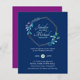 予算ティール（緑がかった色）パープル金ゴールドリース結婚式招待状