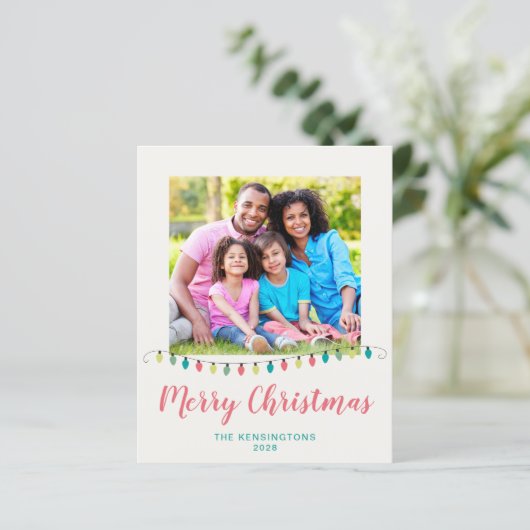 予算ティール（緑がかった色）ピンククリスマスライトホリデーフォト (スタンド正面)