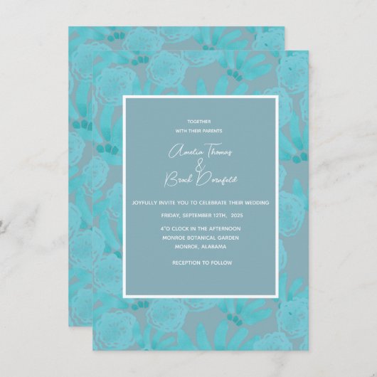 予算ティール(緑がかった色)ブルーウォーター色のデザイン結婚式の招待 招待状 (正面/裏面)