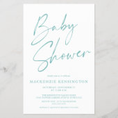 予算ティール（緑がかった色）ブルーシンプルスクリプトベビーシャワーフライヤー チラシ (正面)