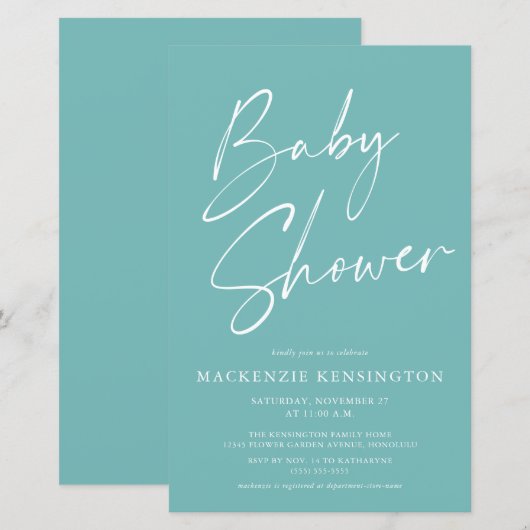 予算ティール（緑がかった色）ブルーシンプルスクリプトベビーシャワー (正面/裏面)