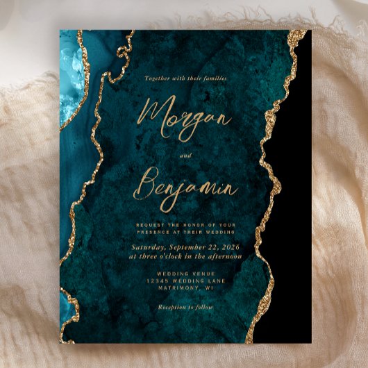 予算ティール（緑がかった色）ブルー瑪瑙スクリプトウェディング招待