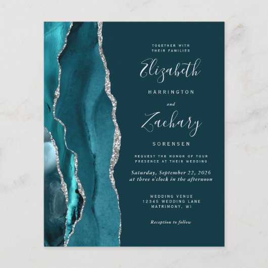 予算ティール（緑がかった色）ブルー金ゴールドゲート4 – 写真ウェディング招待 (正面)