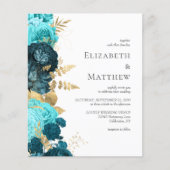 予算ティール（緑がかった色）ブルー金ゴールドフローラ結婚式招待状 (正面)
