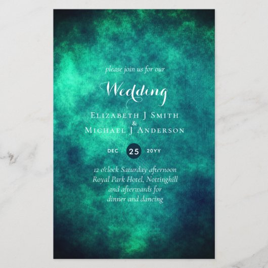 予算ティール（緑がかった色）ミスティークウェディング招待 (正面)